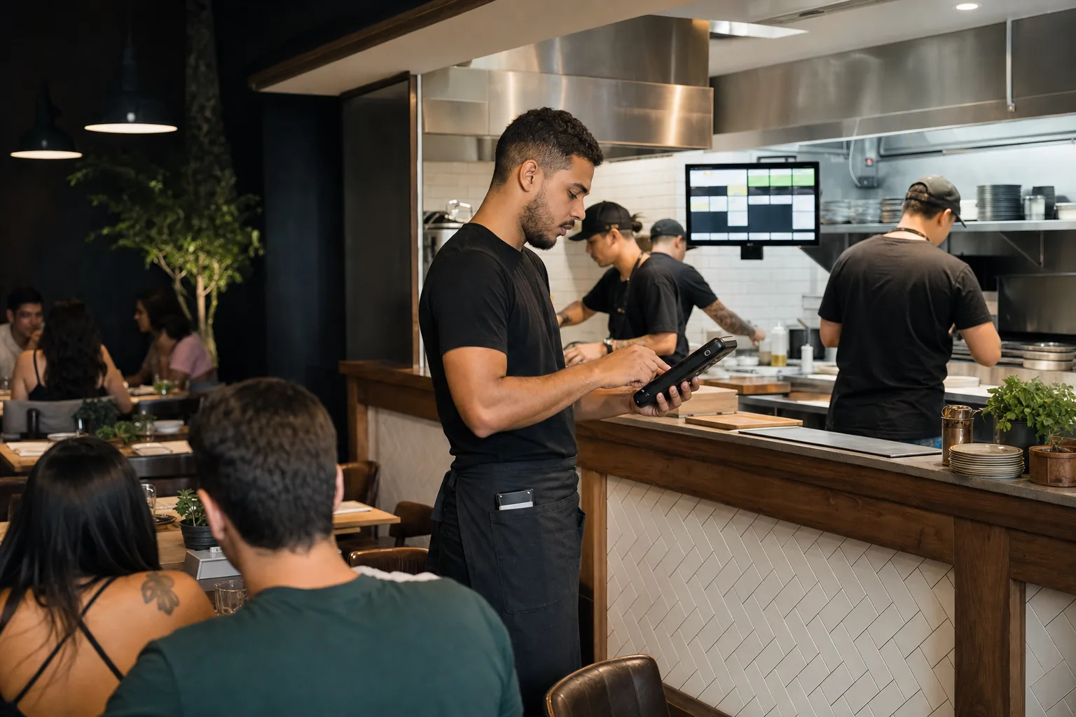Equipe de restaurante usando atendimento móvel e painel de cozinha